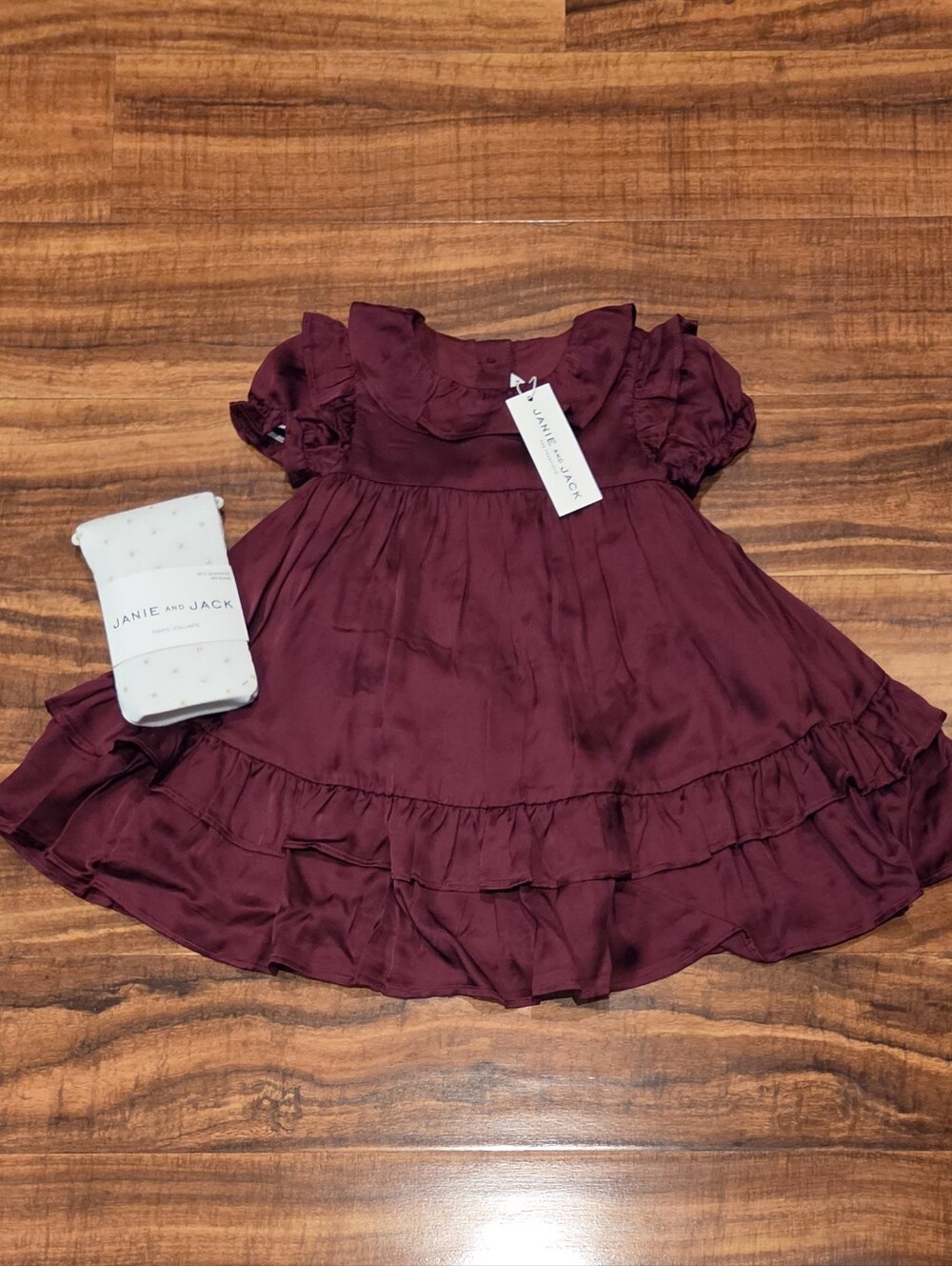 Janie and Jack NWT 18-24 Burgundy Satin Dress and Tights